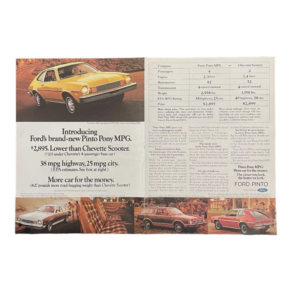 1976 Ford Pinto Pony MPG Vintage Print Ad 16x11 Poster Fuel Crises 70s Wall Art